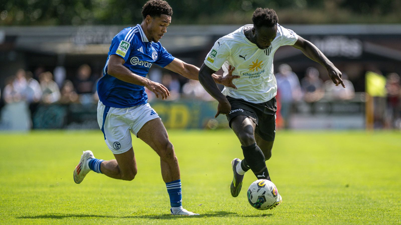 Tidiane Touré (FC Schalke 04 U 23) im Zweikampf mit Raphael Assibey-Mensah (1. FC Bocholt), der den Ball führt.